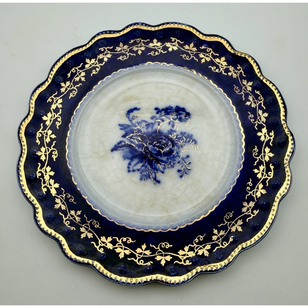 Antique WH Grindley Blue Rose Flow Blue 6" Plate Gold Gilt Scalloped No Chips